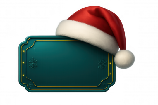 Christmas-themed label with a santa hat, snowflakes, and lights, perfect for festive designs on a transparent background