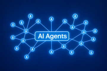 Neon glowing network diagram of AI agent orchestration