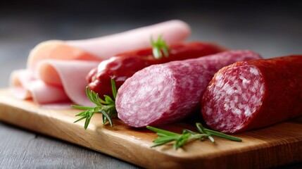 A delicious arrangement of cured meats on a wooden board. Featuring various types of salami and ham. Perfect for charcuterie or gourmet dishes. Ideal for culinary inspiration. AI
