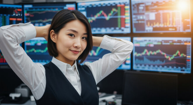 Successful Asian businesswoman relaxing in front of stock market data screens. Confident female financial trader smiling in a modern office.