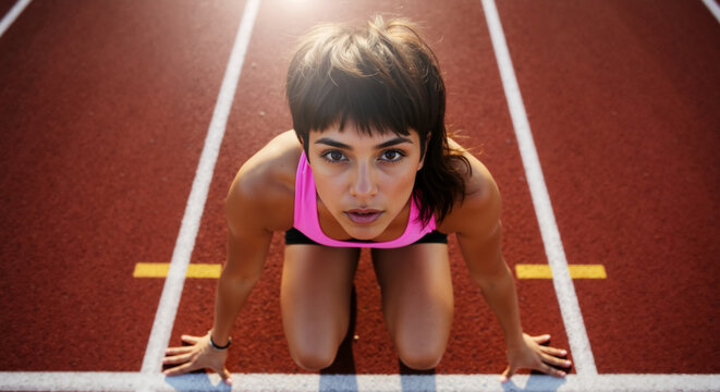 Female athlete in a starting position on a running track. Focused young woman ready to race, looking at the camera.