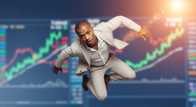 Black businessman jumping dynamically against a stock market chart background. Successful African American trader celebrating financial growth.