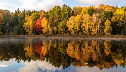 Fototapeta premium Vibrant Autumn Forest Reflected in Calm Lake with Colorful Fall Foliage
