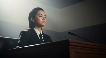 Asian woman with eyes closed at a witness stand in a courtroom. Female lawyer or witness under a dramatic spotlight during a trial.