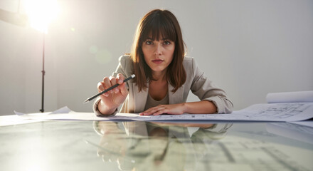Female architect pointing a pencil at the camera while working on blueprints. Determined young professional designer in a modern office.