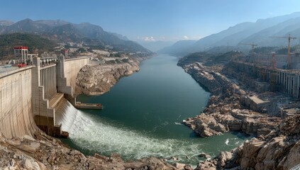 Large concrete dam with flowing water, spanning a wide river valley. Mountains frame the scene under a clear sky. Construction underway