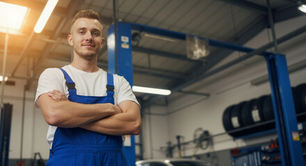Confident young male mechanic with arms crossed in an auto repair shop. Portrait of a professional worker in a garage. Copy space.