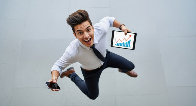 Excited businessman jumping while showing a growth chart on a tablet. High angle view of a successful man celebrating financial profit. - Powered by Adobe