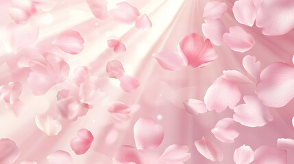 Obraz premium Soft pastel pink background with petals and sunburst rays for romantic designs