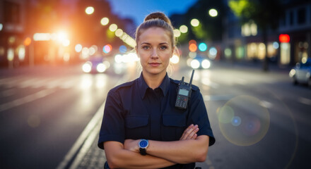 Confident female police officer with arms crossed on a city street at night. Portrait of a serious woman cop on duty.