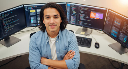 Confident male programmer with long hair sitting in front of multiple monitors. Portrait of a young software developer with arms crossed.