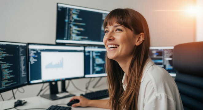 Happy female programmer laughing while working on multiple computer monitors. Joyful software developer enjoying her job in a modern office.