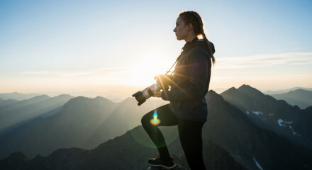 Female photographer with a camera on a mountain peak at sunrise. Adventurous woman on a summit ready to take a picture.