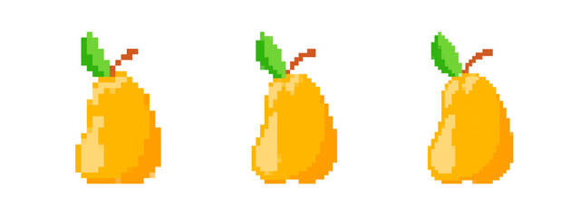 Three pixelated pears with green leaves in bright 8 bit style, perfect for retro game design.