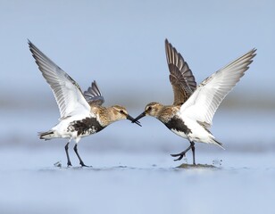 Fototapeta premium Two sandpipers in mid-air confrontation