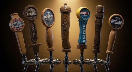 Collection of decorative wooden beer taps with unique designs and labels against a dark background