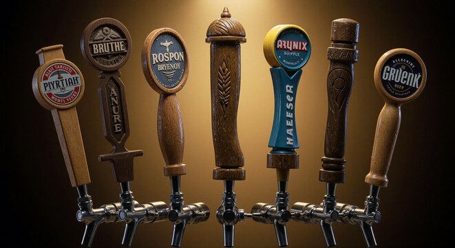 Collection of decorative wooden beer taps with unique designs and labels against a dark background