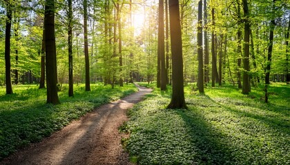 Obraz premium green forest and path in spring at sunlight poland