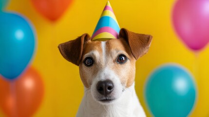 A joyful dog wearing a colorful party hat brings smiles to all. This image captures the essence of celebration and happiness. Perfect for party themes or pet promotion. AI