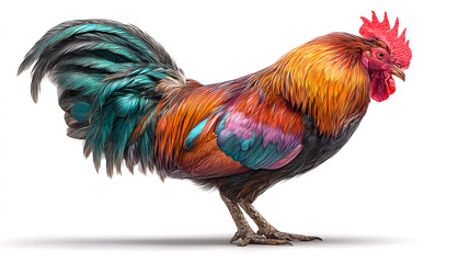 Fototapeta premium Colorful Rooster Standing Isolated on White Background