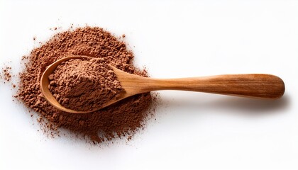wooden spoon with cocoa powder on a white background
