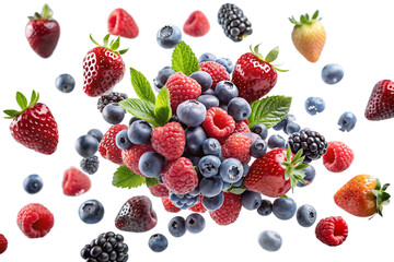 Assortment of fresh ripe berries including strawberries, raspberries, blueberries, and blackberries isolated on transparent background