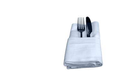 Minimalistic image of a fork and knife neatly placed in a folded white napkin, transparent background. Restaurant, pub or hospitality establishments.