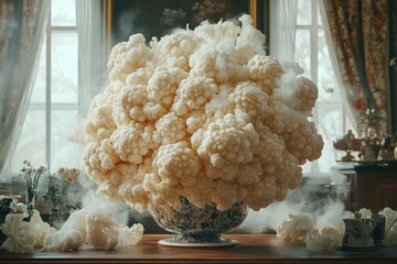 A whole head of cauliflower, isolated on a wooden table, showcasing its intricate florets