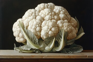 A whole head of cauliflower, isolated on a wooden table, showcasing its intricate florets