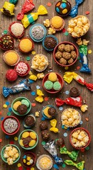An overhead shot of various candies and popcorn arranged on a wooden surface with confetti scattered around - Traditional Feast of Cosmas and Damian Missionary Doctors