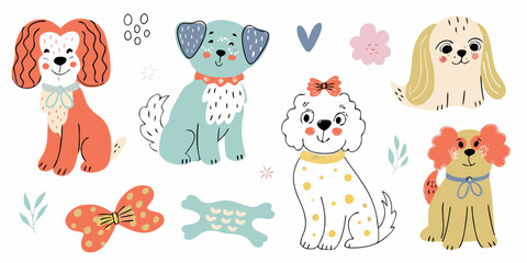 Collection of Cute Cartoon Dogs and Accessories Keywords: dog, puppy, cute, cartoon