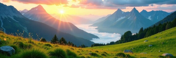 Sunlit peaks, mist-shrouded valleys, alpine meadows, awe-inspiring, clouds