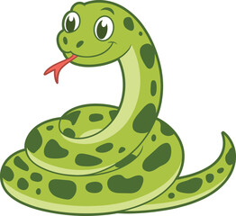 Cute cartoon green snake with dark spots, smiling, tongue out, playful reptile illustration for children’s projects