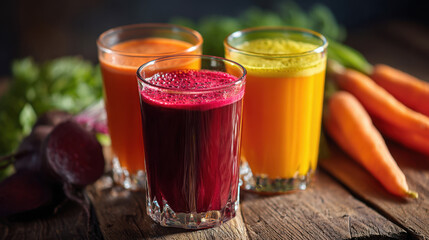 Freshly squeezed beet, carrot and green juices in clear glasses with vegetables on rustic wooden table