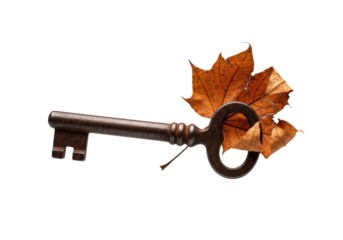An antique, dark brown, rusted skeleton key with a burnt orange maple leaf clinging, floating on a transparent background, 3/4 view. Concept of natural degradation and forgotten history