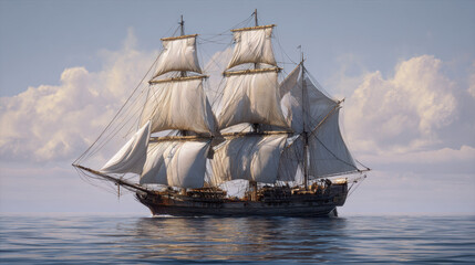 Historic tall ship sailing on calm sea with full white sails open under soft afternoon light and clear sky