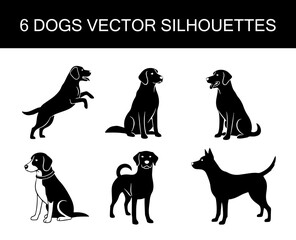 set of 6 dogs black silhouettes, vector file