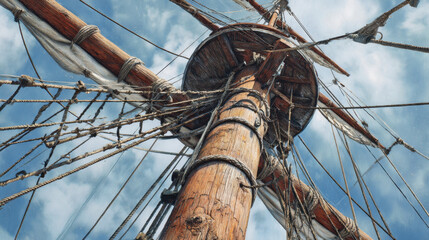 Wooden mast and rigging of a historical sailing ship with ropes and sails set against a bright blue sky