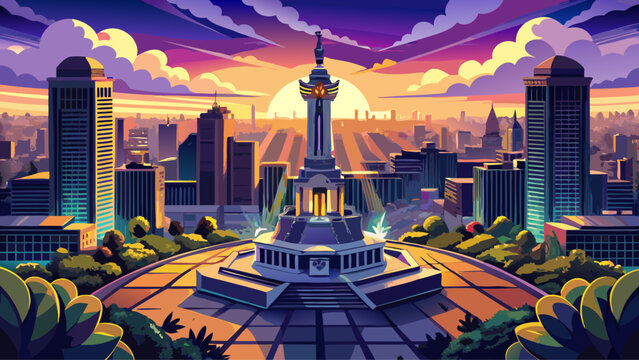 Aerial view reveals historical landmark Monument to the Revolution standing proudly at Plaza de La Republica, Mexico City, Mexico, dusk sky glowing, architectural grandeur shimmering, cultural heritag