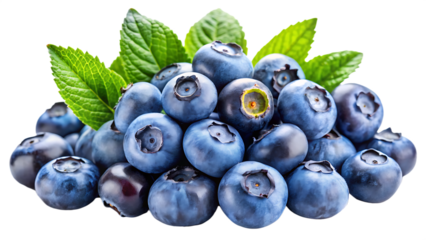 A pile of fresh blueberries with green leaves, isolated on transparent background