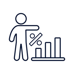 Line icon of statistics bar chart with person and percentage sign, representing data analysis and business growth