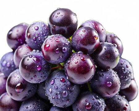 Closeup of a bunch of dark purple grapes with water droplets, isolated on transparent background
