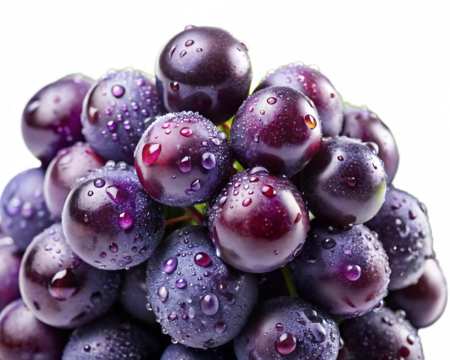Closeup of a bunch of dark purple grapes with water droplets, isolated on transparent background