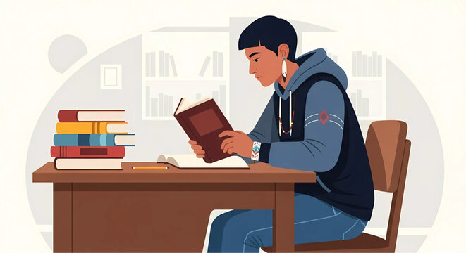 A young man deeply engrossed in a book at his desk, surrounded by a stack of books in a cozy room, emphasizing the importance of learning and knowledge seeking