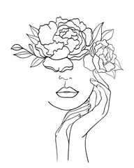 Cool line art of a girl with flowers, stylish black and white portrait.