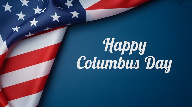 A columbus day celebration with waving american flag on a blue background with white text overlay - Powered by Adobe