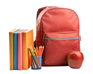Back to school supplies set: books, pencils, backpack, and apple, isolated on white background.