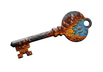 Weathered, ornate antique iron key, dark rustic metal, intricate topographical rust map of a fantastical land, transparent, macro, concept of hidden world