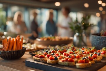 Office catering featuring a diverse selection of canapes and snacks.
