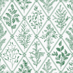 Floral trellis. Seamless vector pattern. Winter flora. Green and white